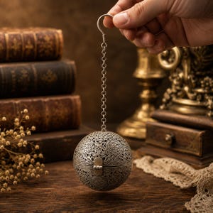 Peut inclure: Infuseur à thé sphérique argenté, orné de motifs floraux complexes et d'un fermoir. Il est suspendu à une chaîne et un crochet. Le fond présente des livres anciens et des objets décoratifs, évoquant un style vintage. Diamètre: environ 6 cm.