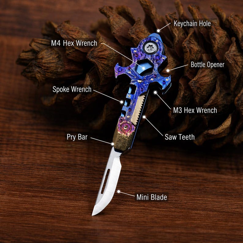 May include: A multi-tool knife with a blue and purple handle, featuring a mini blade, saw teeth, and a bottle opener. It also includes an M4 and M3 hex wrench, a spoke wrench, and a pry bar. A keychain hole is visible at the top.