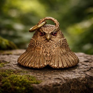 May include: A detailed bronze owl figurine with red eyes and a ring handle. The owl is perched on a stone surface, with a blurred green background. The owl's feathers are intricately detailed, and the overall design is ornate.
