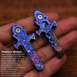 May include: Two blue and purple multi-tools with a unique design. Open length is 83.5 mm, closed length is 55 mm, and blade length is 24 mm. The handle is titanium alloy, and the blade is 7Cr steel.
