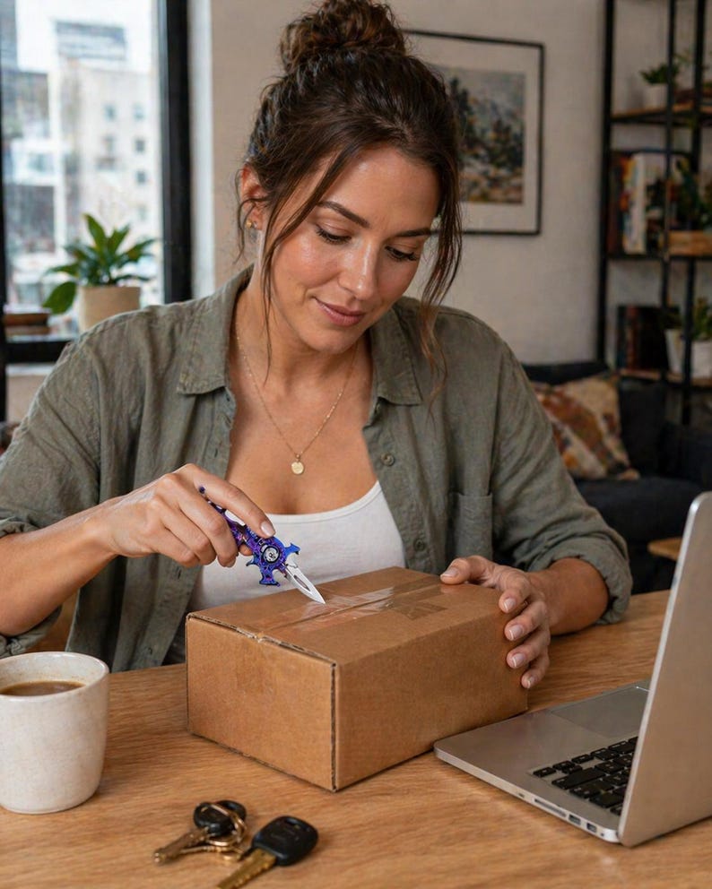 May include: A woman uses a purple and silver utility knife to open a brown cardboard box on a wooden table. A laptop, keys, and a cup of coffee are also on the table. The woman is wearing a white top and a green shirt.