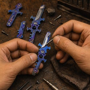 May include: A person's hands assembling a small, decorative knife with a blue and purple finish. The knife has a silver blade and ornate handle. Other knives and tools are on a wooden surface.