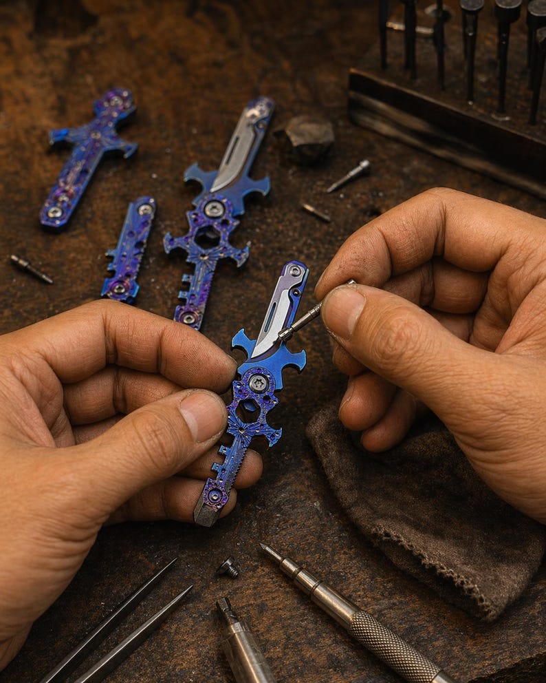 May include: A person's hands assembling a small, decorative knife with a blue and purple finish. The knife has a silver blade and ornate handle. Other knives and tools are on a wooden surface.