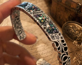 Mixed Metal Abalone Cuff – Sterling Silver & White Copper Graffiti Bangle.