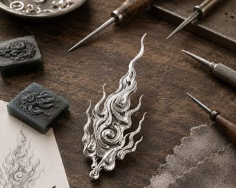 Artistic Matte Silver Flame Brooch – Sculptural Kinetic Fire Lapel Pin.