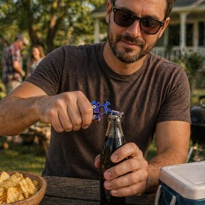 May include: A person opening a dark soda bottle with a multi-coloured bottle opener. The bottle opener has a unique design with blue, purple, and silver accents. A wooden bowl of potato crisps and a burger are on the table.