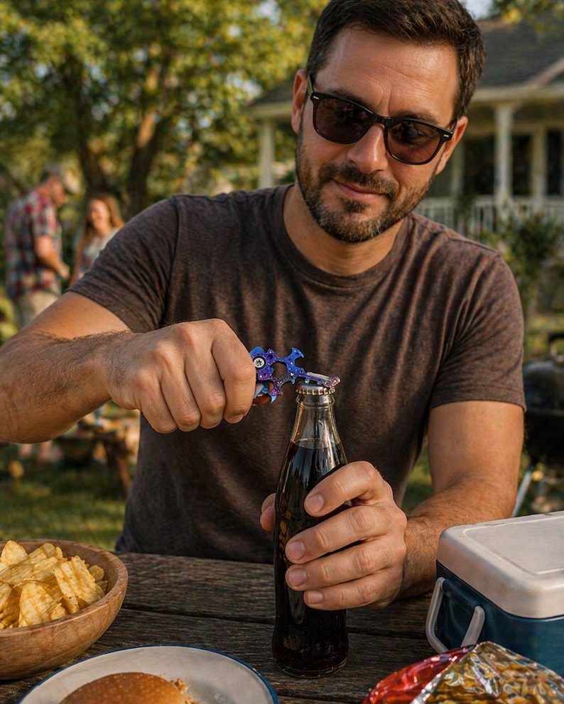 May include: A person opening a dark soda bottle with a multi-coloured bottle opener. The bottle opener has a unique design with blue, purple, and silver accents. A wooden bowl of potato crisps and a burger are on the table.