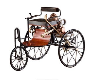 Handcrafted Vintage 1886 Automobile Model-Three-Wheeled Vehicle Replica-Retro Iron Art Car Sculpture-Antique Vehicle Decorative Ornament