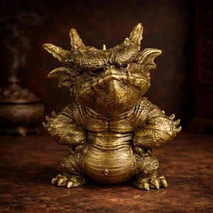 Peut inclure: Figurine détaillée en bronze d'une créature mythique à l'expression sévère. La figurine a des cornes, des oreilles pointues et est posée les bras croisés. La sculpture est sur une surface marron.
