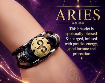 Spiritually Blessed Zodiac Bracelet - Handcrafted Vegan Leather Constellation Charm Wristband - Protection Jewelry - Couple Gift