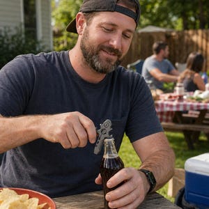 May include: A man using a multi-tool bottle opener to open a glass bottle of soda. The bottle is on a wooden picnic table, with a bowl of crisps in the foreground. Other people are in the background, enjoying a picnic.