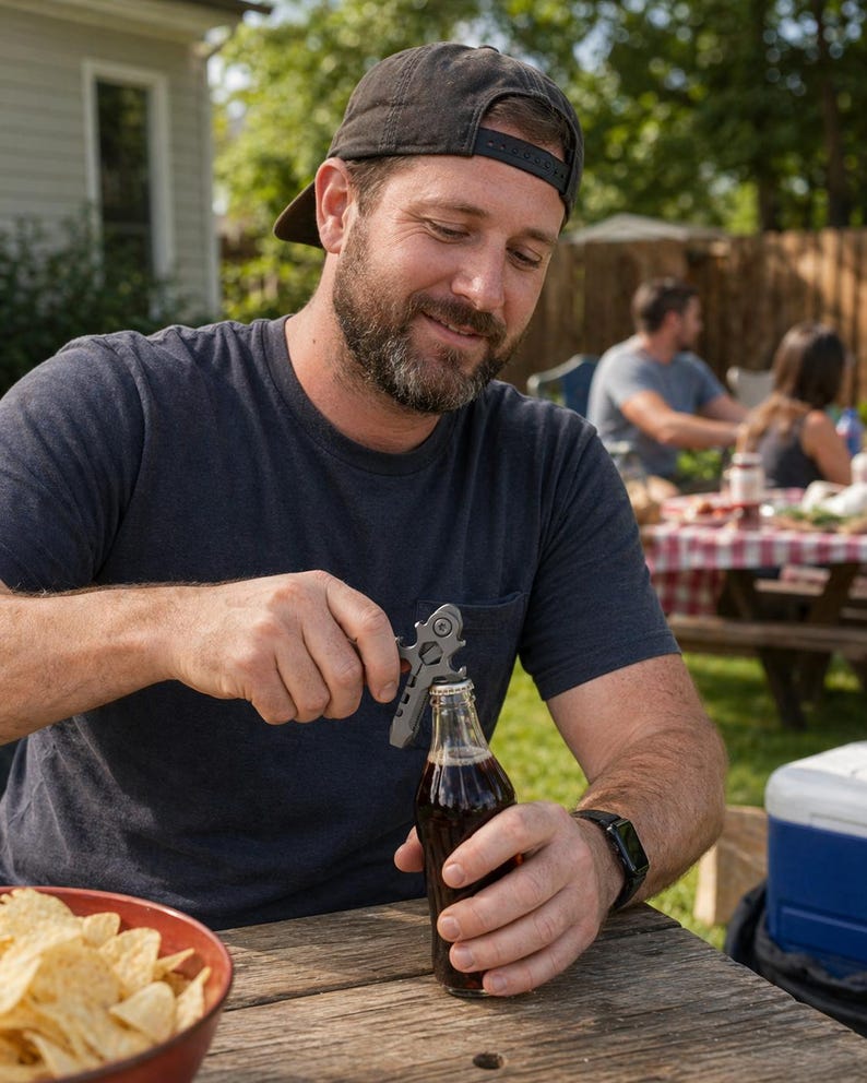 May include: A man using a multi-tool bottle opener to open a glass bottle of soda. The bottle is on a wooden picnic table, with a bowl of crisps in the foreground. Other people are in the background, enjoying a picnic.
