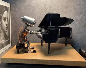 Steampunk Pianist Robot Music Box – Copper, Steel, Wood Figurine – Mechanical Desktop Art Ornament.