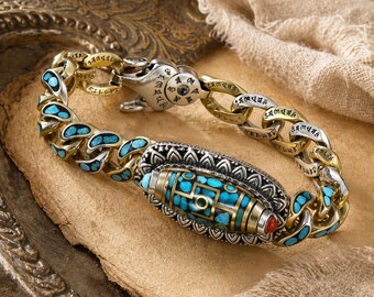 Men's Dzi Bead Inspired Bracelet – Faux Turquoise Inlay Amulet Chain.