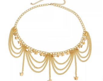 ゴールドバタフライタッセルチェーンベルト – レイヤードY2Kフェアリーコアベリージュエリー