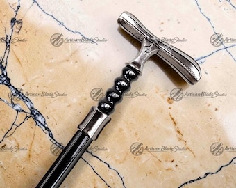 Bloodborne Inspired Threaded Cane Stick - Full Metal 1:1 Life-size Replica  - Black Shiny Finish Metal Pointed Tip
