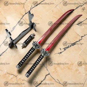 May include: Two swords with translucent red blades featuring a wavy pattern, black wrapped handles, and silver lotus-shaped guards. A black display stand and a separate small black handle component are positioned to the left of the swords.