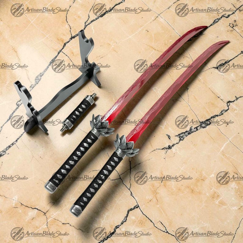 May include: Two swords with translucent red blades featuring a wavy pattern, black wrapped handles, and silver lotus-shaped guards. A black display stand and a separate small black handle component are positioned to the left of the swords.