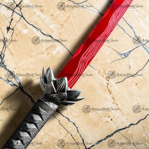 May include: A sword with a vibrant red blade featuring a wavy pattern and a silver-colored metal guard shaped like a lotus flower. The handle is wrapped in a textured black cord, providing a firm grip for the user. The blade is straight and sharp.