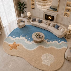 May include: An irregularly shaped area rug featuring a beach-themed design with a sandy beige foreground, a light blue wave pattern with white foam accents, and a deep blue water section. A textured orange starfish and a white seashell are visible.