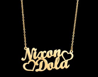 Wynzon【Name Custom Necklace】Stainless Steel 2 Name Heart Necklace Personalized Letter Choker Necklace Gift