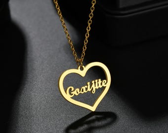 Personalized Heart Name Necklace Stainless Steel Custom Pendant Dainty Engraved Hollow Nameplate Women Jewelry