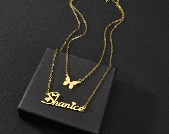 Custom Double Layer Name Necklace Stainless Steel Butterfly Personalized Jewelry Gift