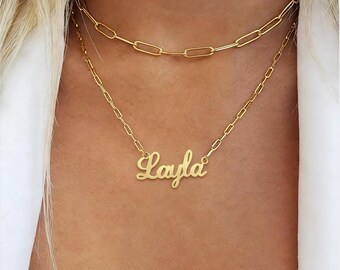 Custom Name Necklace Stainless Steel Paperclip Chain Double Layer Hexagon Letter Pendant Choker