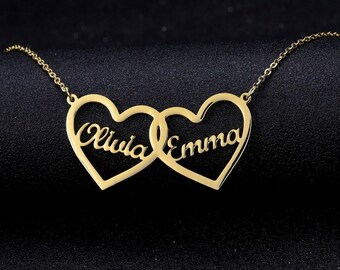 Wynzon【Name Custom Necklace】Two Hearts Custom Necklaces Stainless Steel Jewelry Personalized Couples Name Choker