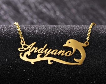 Personalized Dolphin Name Stainless Steel Necklace Gold Plated Jewelry Gift for Women
