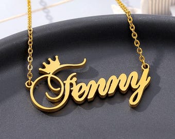 Wynzon【Name Custom Necklace】Stainless Steel Crown Necklace Nameplate Necklace For Women Personalized Stainless Steel Chain