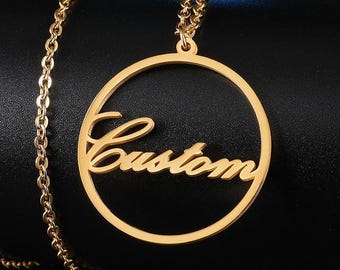 Wynzon【Name Custom Necklace】Stainless Steel Cut Round Circle Letter Jewelry DIY Gift