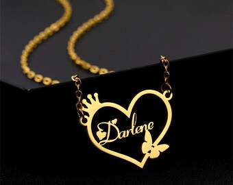 Personalized Heart Name Necklace with Crown & Butterfly Stainless Steel Mothers Day Gift