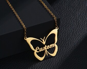 Wynzon【Name Custom Necklace】Stainless Steel Customzied Nameplate Necklace Fashion Butterfly English Letter Pendant