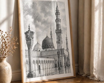 Medina Mosque Wall Art – Al Masjid an Nabawi Pencil Drawing, Madinah Islamic Wall Decor, Mosque Architecture Printable, Islamic Gift