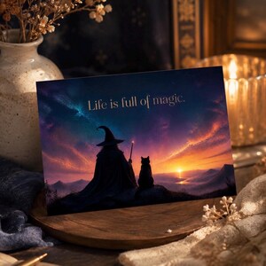 Life Is Full of Magic Postcard, Wizard and Cat Greeting Card, Fantasy Printable Card, Magical Gift, Digital Download