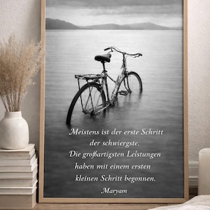 Motivational Bicycle Wall Art | Black and White Quote Poster | First Step Quote | Minimalist Printable | Digital Download A2