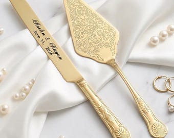 Gold Wedding Cake Server Set, Personalized Cake Knife Set, Vintage Cake Server Set, Wedding Cake Cutting Set