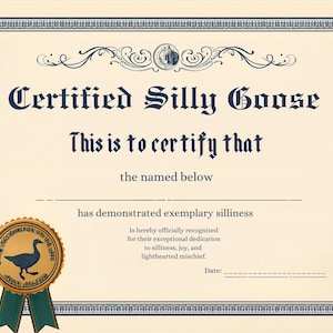 Puede incluir: Un certificado crema con un borde decorativo y las palabras "Certified Silly Goose" en azul oscuro. Incluye un sello dorado con un ganso y una cinta verde.