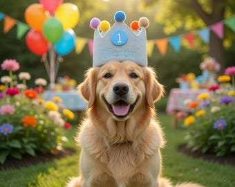 Couronne personnalisée d'anniversaire de chien, chapeau de fête personnalisé pour chiot avec nom, tenue 1er anniversaire d'animal de compagnie, accessoire photo de fête de chien, accessoire de célébration d'animal de compagnie