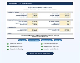 Construction Job Costing Tracker Excel | Budget vs Actual Spreadsheet | Contractor Profit Tracking Template