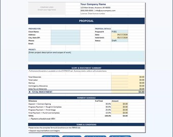 Construction Bid Proposal Template Excel | Contractor Estimate Spreadsheet