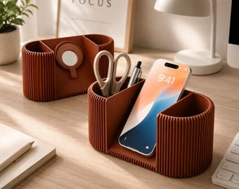 Organizador de escritorio con soporte para teléfono / Accesorio de almacenamiento de oficina moderno con diseño acanalado