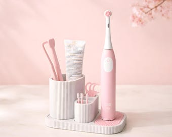 Organizador de baño moderno con soporte para cepillos de dientes, almacenamiento minimalista para encimera, estación dental, decoración neutra para el hogar.