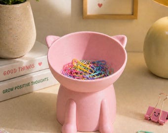 Organizador de escritorio rosa con forma de gato, soporte kawaii para clips, almacenamiento para oficina pequeña