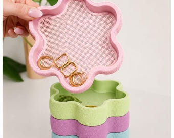 Juego de bandejas para joyas con diseño de flores en tonos pastel, organizador de tocador impreso en 3D, bandeja para baratijas, soporte para anillos.