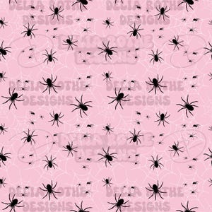 May include: A repeating pattern on a light pink background featuring black spiders and white spiderwebs. The text DELIA ROTHE DESIGNS is overlaid in a repeating, semi-transparent, light pink font across the entire surface of the image.