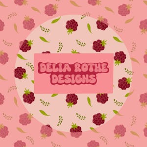 May include: A repeating pattern of dark pink raspberries and small green leaves on a light pink background, featuring a central rectangular pink label with the text DELIA ROTHE DESIGNS in a bold, rounded, dark pink font style.