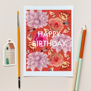 Flower Burst – Verjaardagskaart met opvallende bloemen – 5 x 7 inch rood