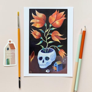 Carte de voeux Jardin de têtes de mort - Art floral surréaliste de tête de mort - Illustration botanique sombre symbolique - Carte vierge de 5 x 7 pouces avec enveloppe